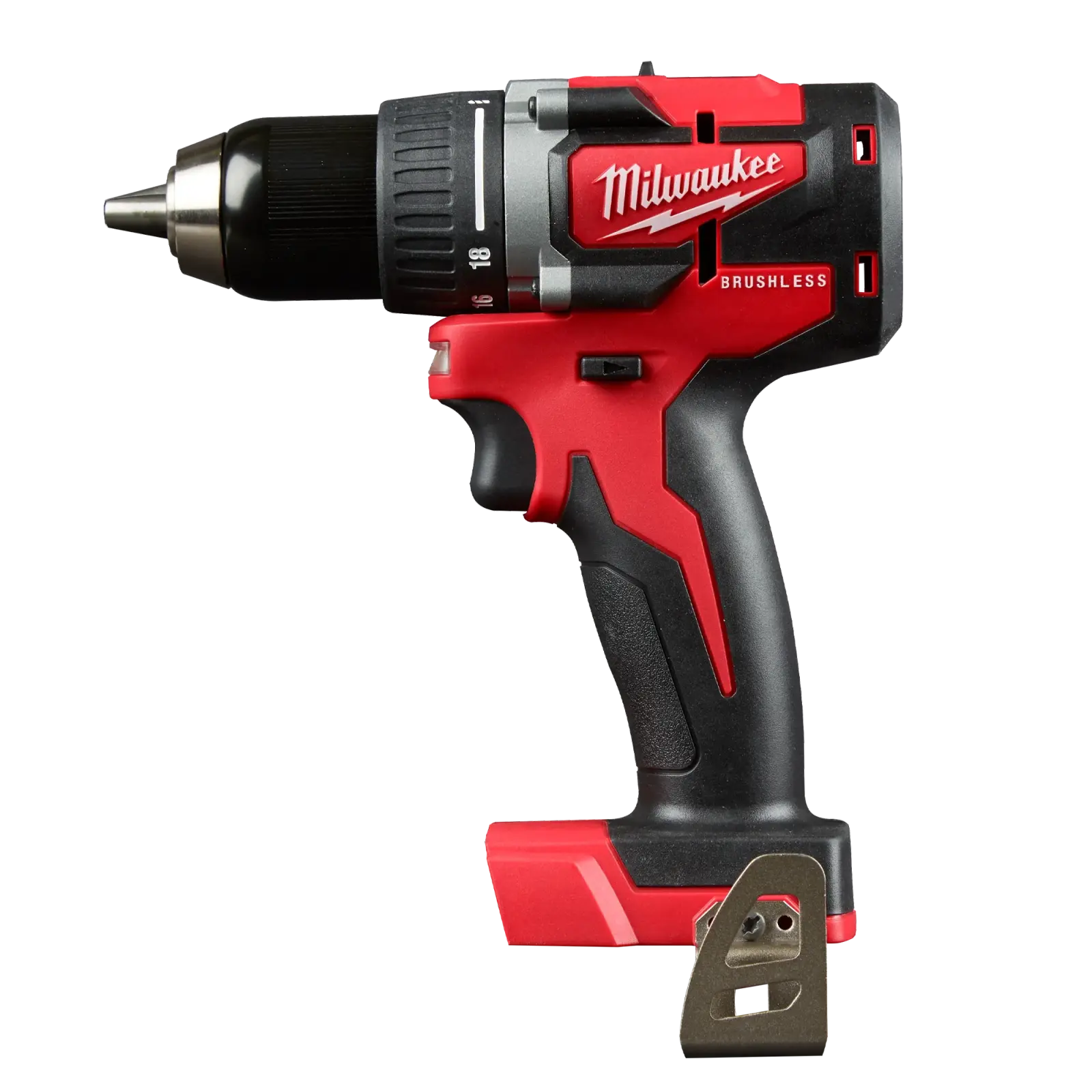 Milwaukee M18 compact brushless drill driver on a black background